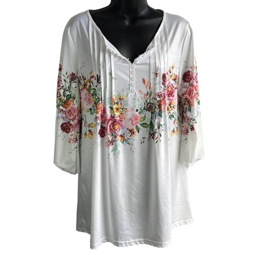 Beautiful SzL Blouse Floral Print White 3/4 Length Sleeve Round Neck Stretchy